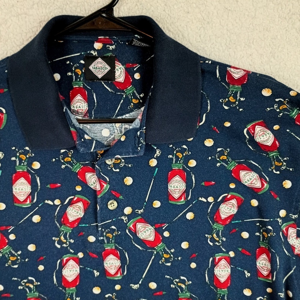 Tabasco Polo Shirt Mens XLT Blue Golf Bag Print Cotton Casual Cotton